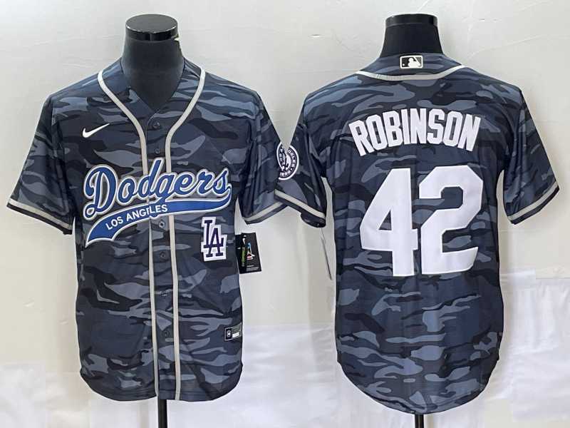 Mens Los Angeles Dodgers #42 Jackie Robinson Grey Camo Cool Base With Patch Stitched Baseball Jerseys